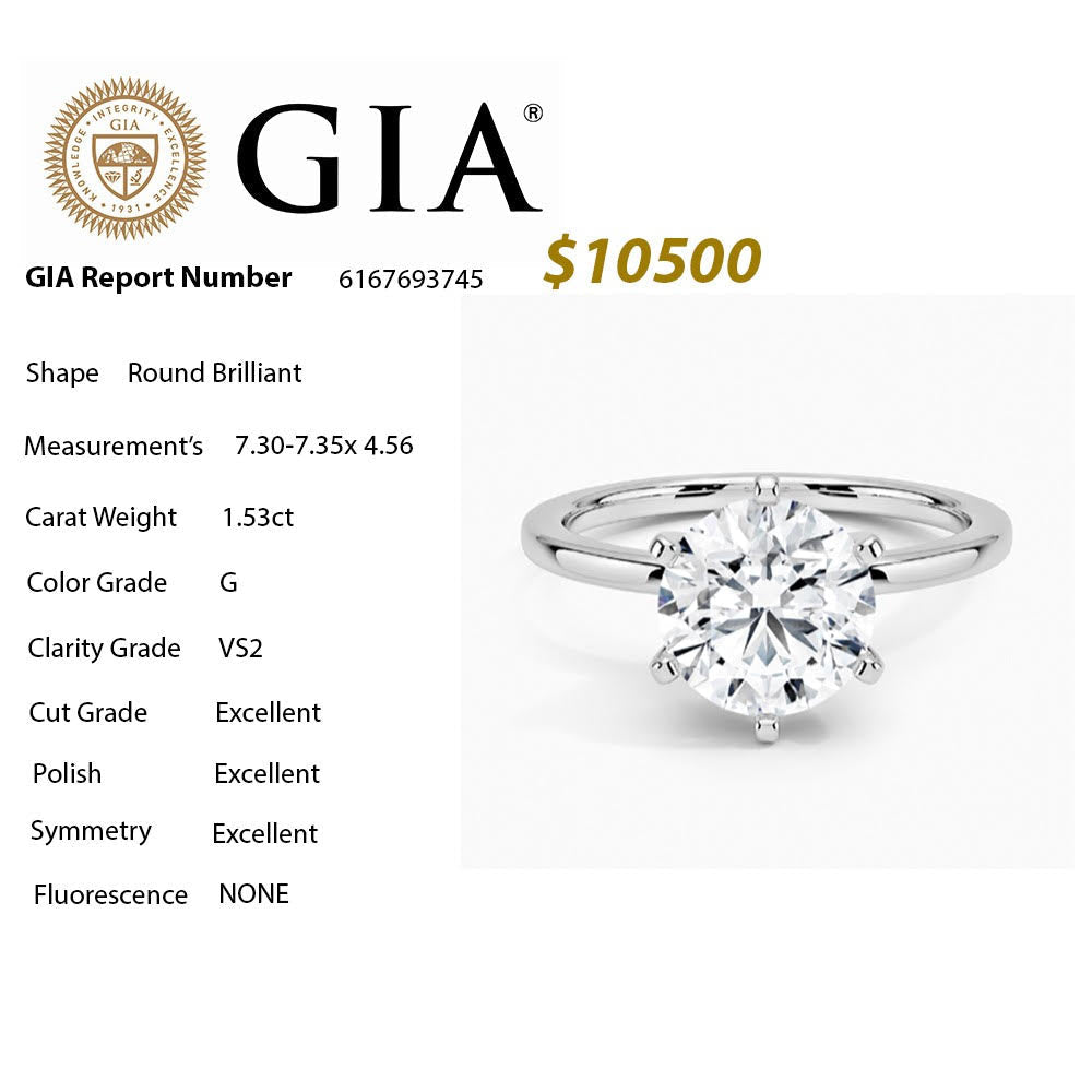 Muse Jewelry 1.53CT G VS2 GIA CERTIFIED Round Brilliant Cut Natural Diamond