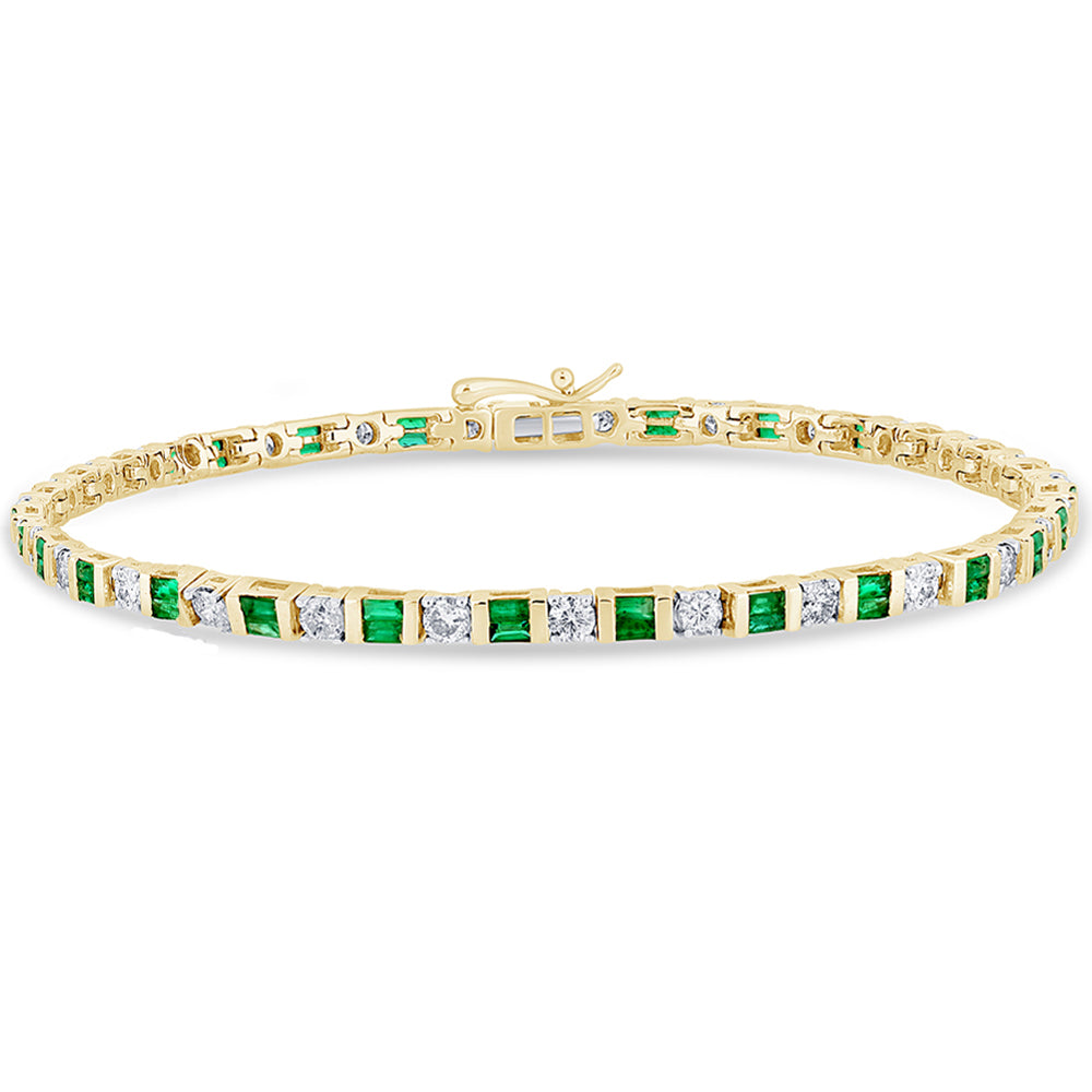 Muse Jewelry 2.58ct G SI 14K Yellow Gold Diamond & Emerald Gemstones Bracelet 7" Long