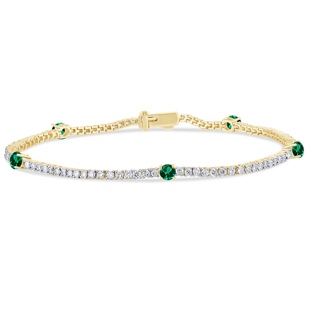 Muse Jewelry 2.39ct G SI 14K Yellow Gold Diamond & Emerald Gemstones Tennis Bracelet 7" Long