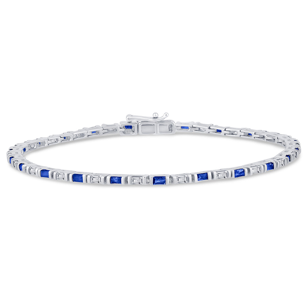 Muse Jewelry 1.90ct G SI 14K White Gold Diamond & Blue Sapphire Gemstones Tennis Bracelet 7" Long
