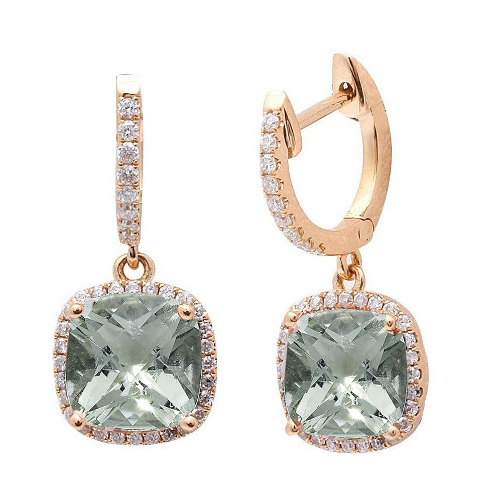 Muse Jewelry 3.11cts Cushion Cut Green Amethyst Gemstone & Diamond 14k Yellow Gold Earrings