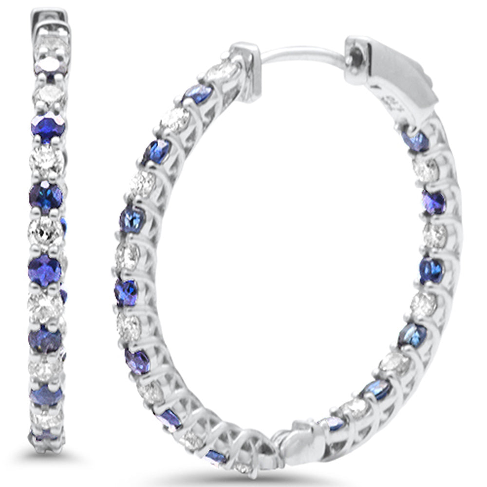 Muse Jewelry 2.18ct G SI 14K White Gold Diamond & Blue Sapphire Hoop Earrings Post&Click