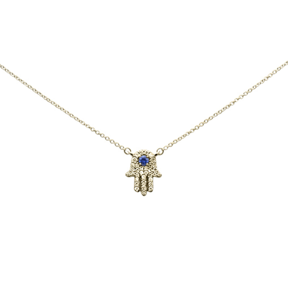 Muse Jewelry .31ct G SI 14K Yellow Gold Diamond & Blue Sapphire Hamsa Pendant Necklace 18" Long Chain