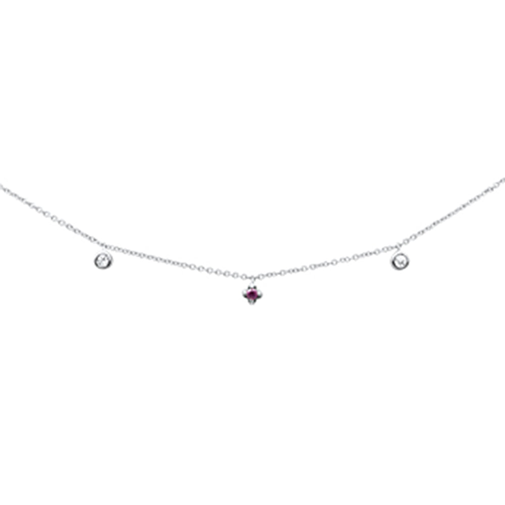 Muse Jewelry .10ct G SI 14K White Gold Diamond & Ruby Gemstone Dangling Pendant Necklace 16+2"Ext Long Chain