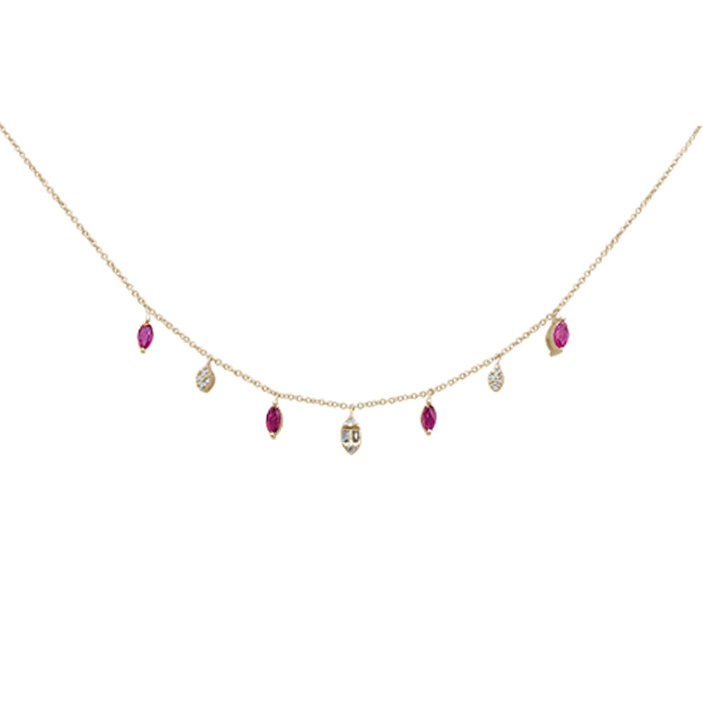 Muse Jewelry .80ct G SI 14K Yellow Gold Diamond & Ruby Gemstone Dangling Pendant Necklace 16+2"Ext Long Chain