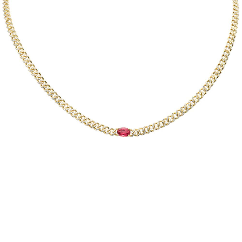 Muse Jewelry 2.19ct G SI 14K Yellow Gold Oval Shaped Pink Tourmaline Gemstone & Diamond Cuban Necklace 13+3" Long