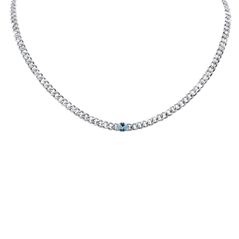 Muse Jewelry 2.12ct G SI 14K White Gold Oval Shaped Aqua Gemstone & Diamond Cuban Necklace 13+3" Long