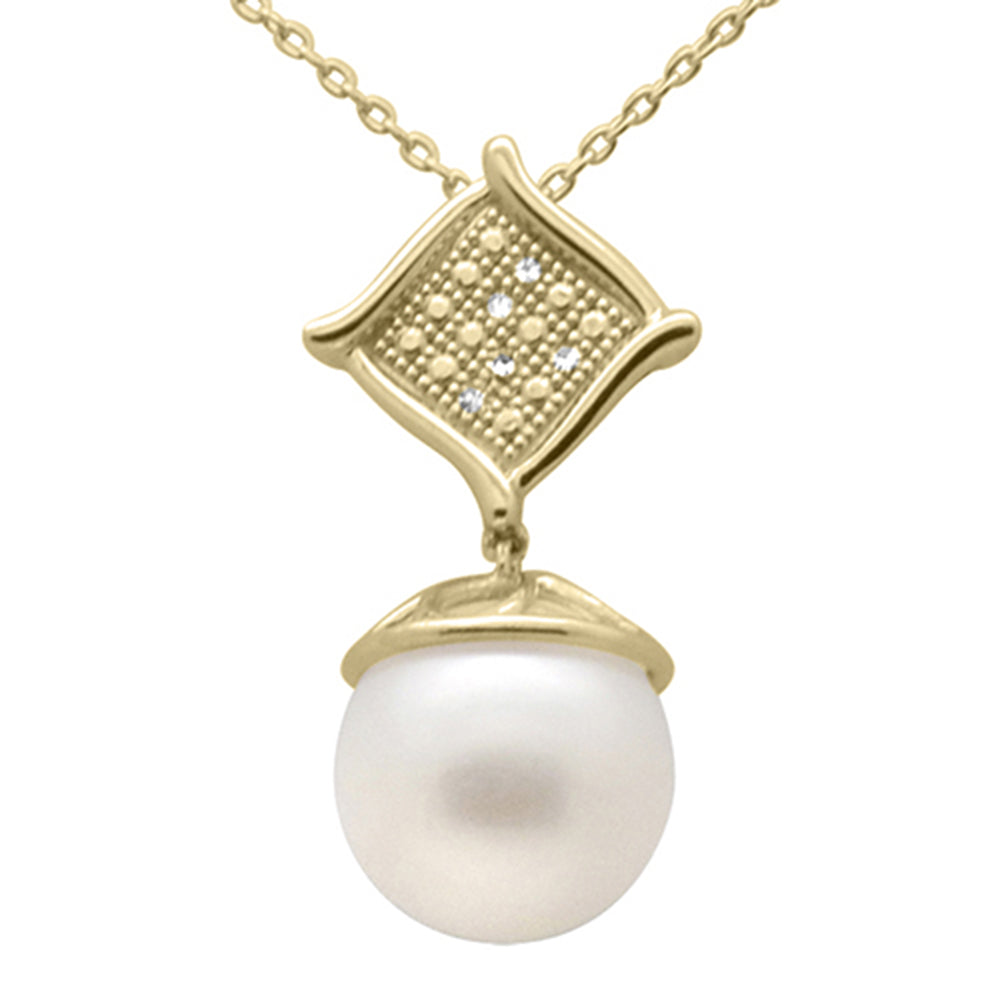 Muse Jewelry .03ct G SI 14K Yellow Gold Diamond Pearl Pendant Necklace 18" Long Chain