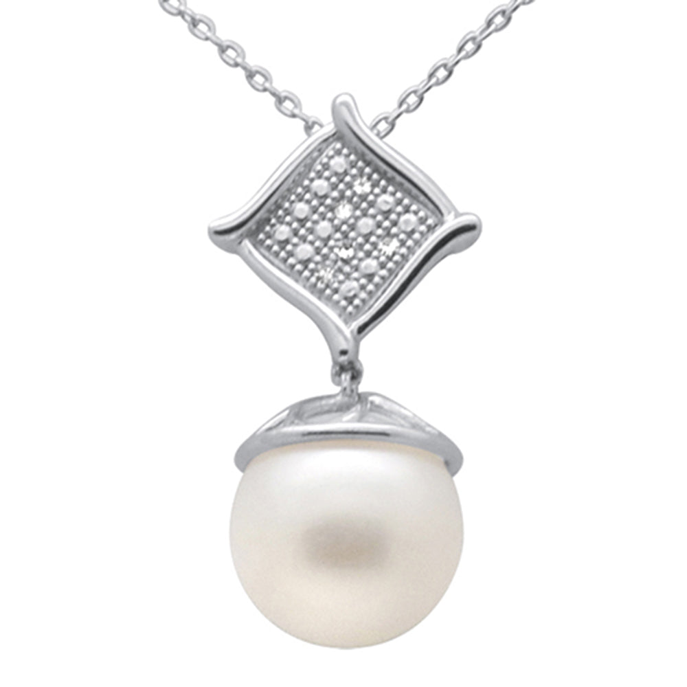 Muse Jewelry .03ct G SI 14K White Gold Diamond Pearl Pendant Necklace 18" Long Chain
