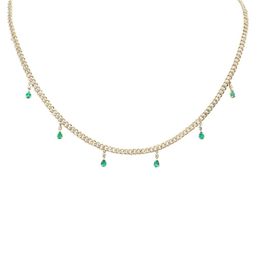Muse Jewelry 2.22ct G SI 14K Yellow Gold Diamond & Emerald Gemstone Dangling Cuban Necklace 12" + 4" EXT