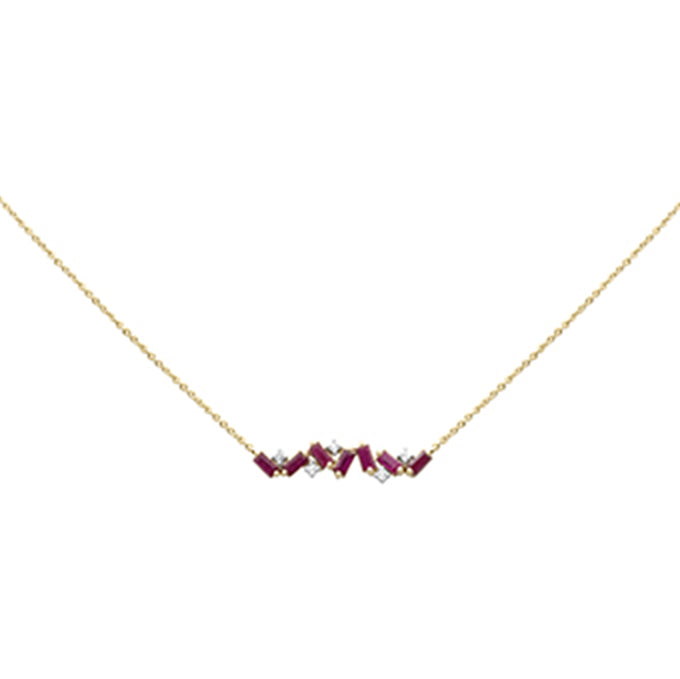 Muse Jewelry 1.14ct G SI 14K Yellow Gold Diamond & Ruby Bar Pendant Necklace 14" + 2" Ext