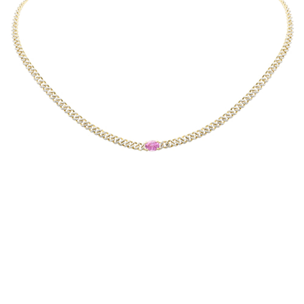 Muse Jewelry 1.93ct G SI 14K Yellow Gold Diamond & Pink Sapphire Cuban Chain Necklace 13+3" Ext