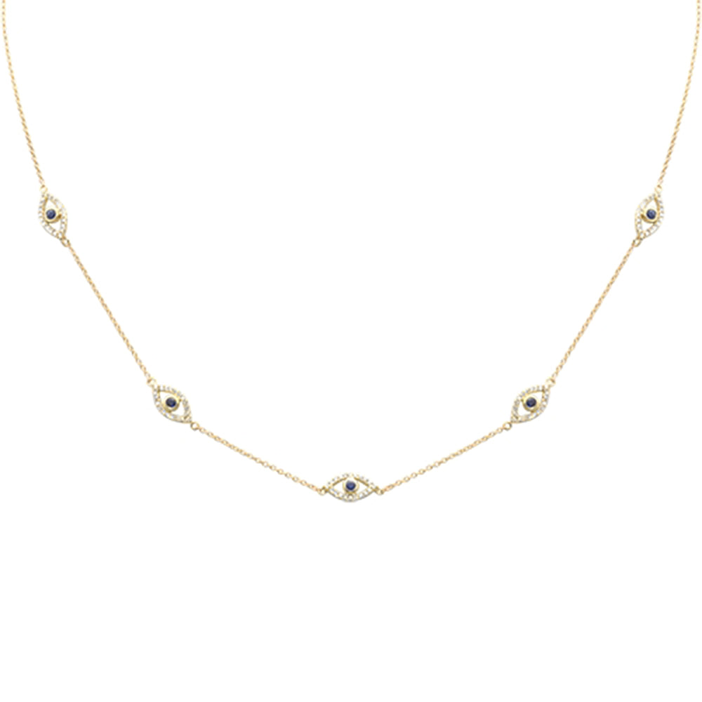 Muse Jewelry CLO .33ct G SI 14K Yellow Gold Diamond & Blue Sapphire Evil Eye Pendant Necklace 16" + 2" EXT