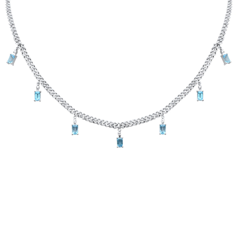 Muse Jewelry 3.80ct G SI 14K White Gold Diamond & Aquamarine Cuban Necklace 12" + 4" EXT