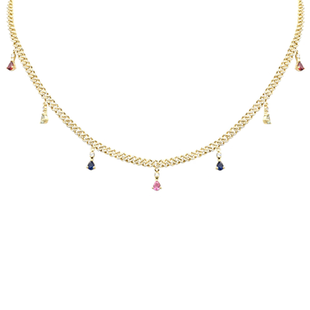 Muse Jewelry 2.52ct G SI 14K Yellow Gold Diamond Multi Color Cuban Link Necklace 12" + 2" EXT