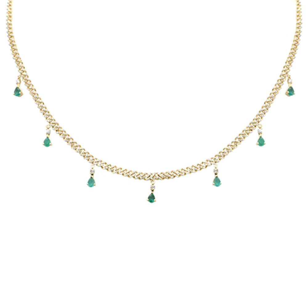 Muse Jewelry 2.22ct G SI 14K Yellow Gold Diamond & Emerald 3MM Cuban Link Necklace 12" + 4" EXT