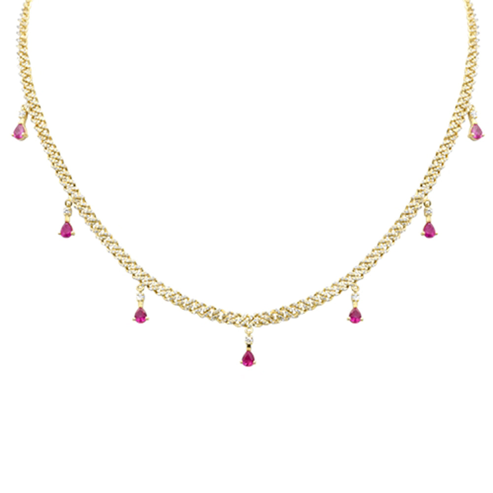 Muse Jewelry 2.54ct G SI 14K Yellow Gold Diamond & Pink Sapphire Cuban Link Necklace 12" + 4" EXT