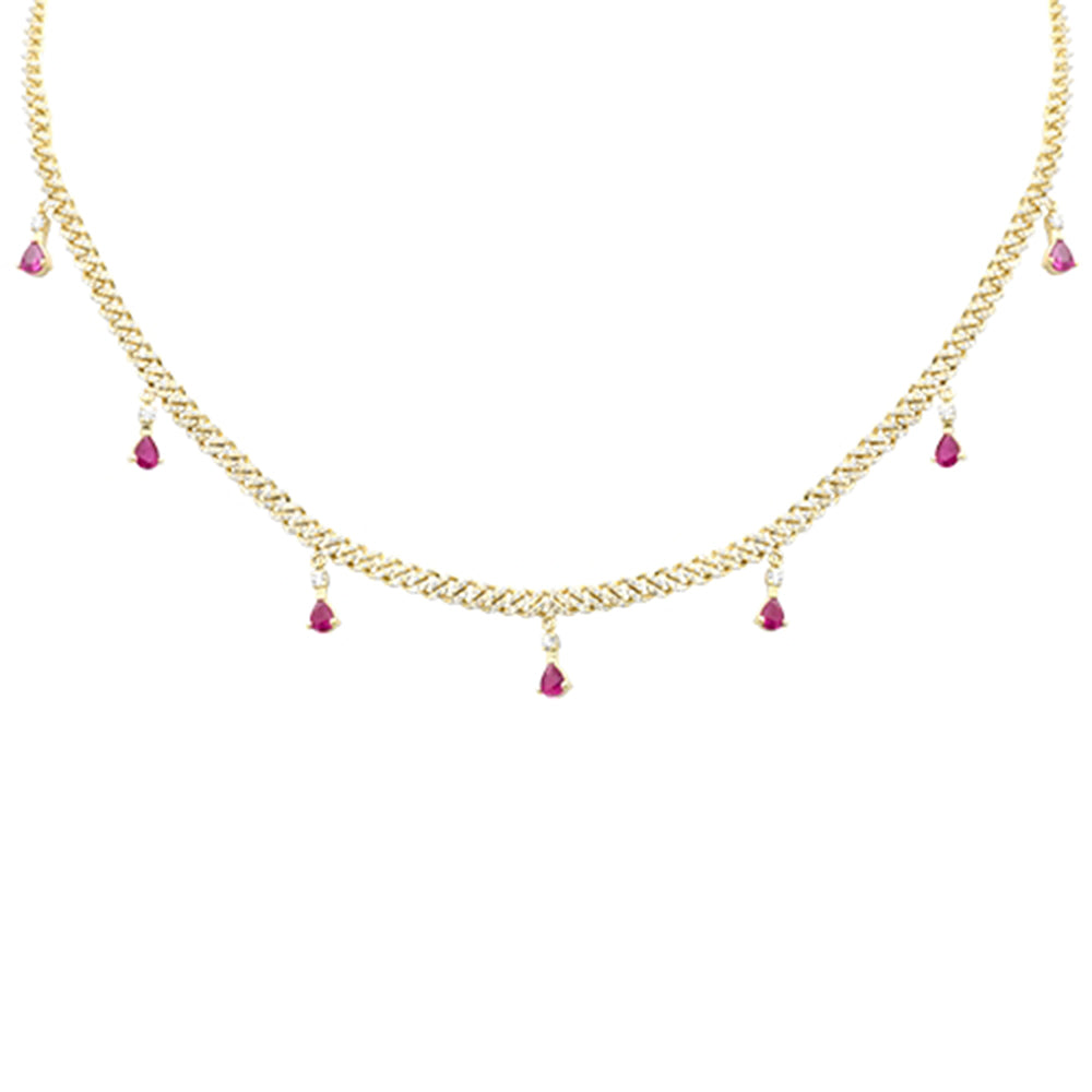 Muse Jewelry 2.52ct G SI 14K Yellow Gold Diamond & Ruby Cuban Link Necklace 14" + 2" EXT