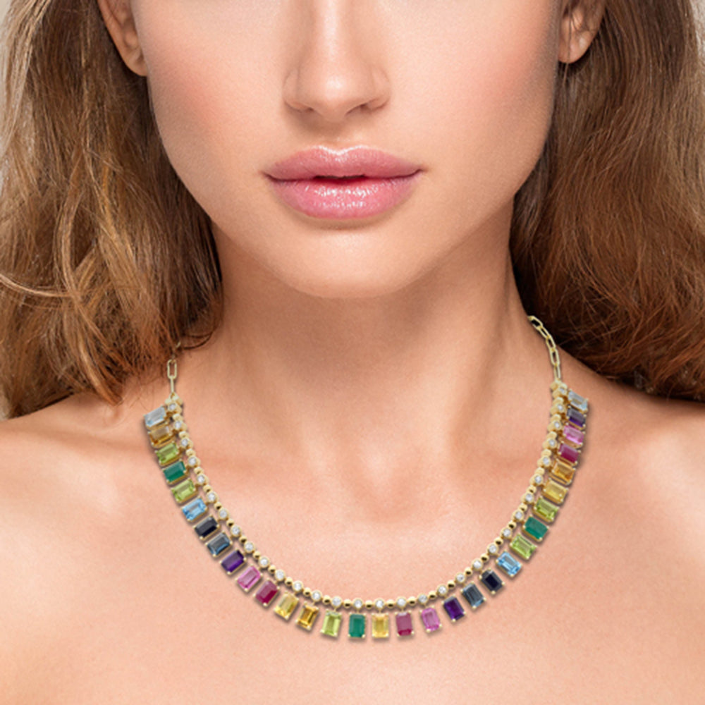 Muse Jewelry 22.86ct G SI 14K Yellow Gold Diamond & Multi Color Gemstone Necklace 14" + 2" EXT