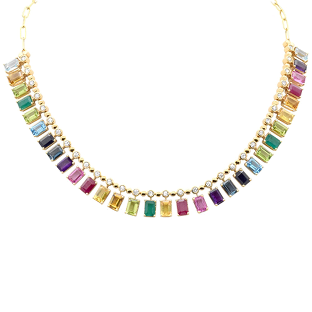 Muse Jewelry 22.86ct G SI 14K Yellow Gold Diamond & Multi Color Gemstone Necklace 14" + 2" EXT