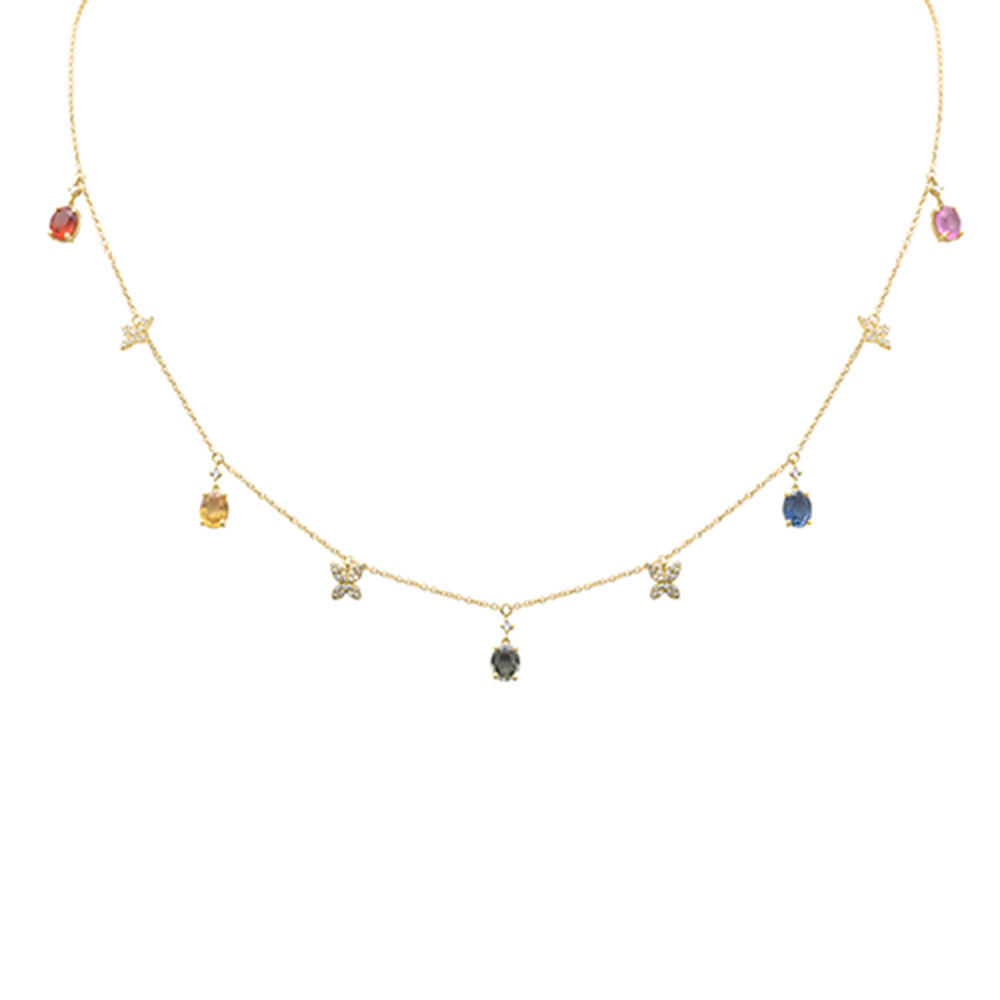 Muse Jewelry 2.30ct G SI 14K Yellow Gold Diamond & Oval Shape Multi Color Sapphire Gemstones Pendant Necklace 16+2" Long
