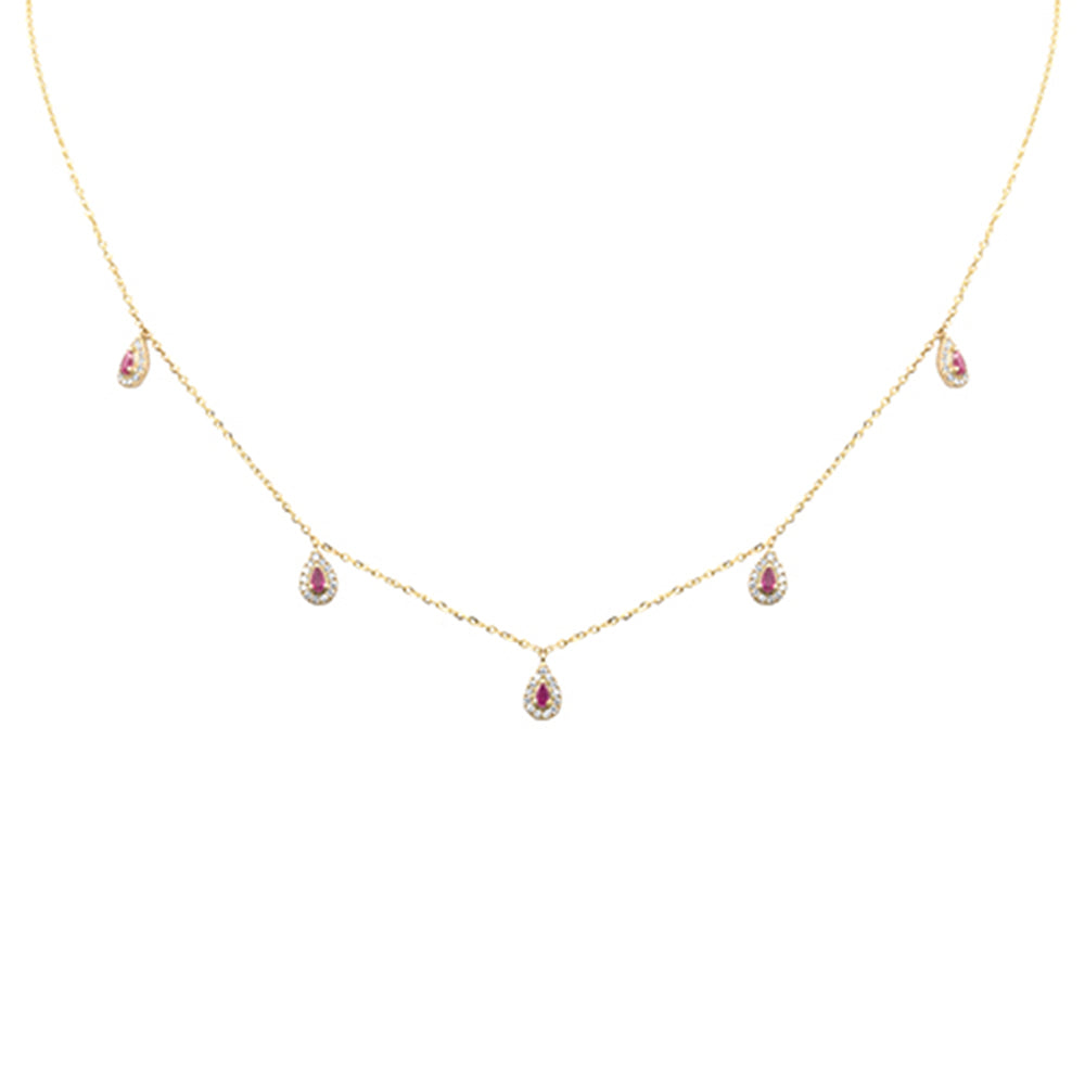 Muse Jewelry .23ct G SI 14K Yellow Gold Diamond & Pear Shape Ruby Gemstones Pendant Necklace 16+2" Long