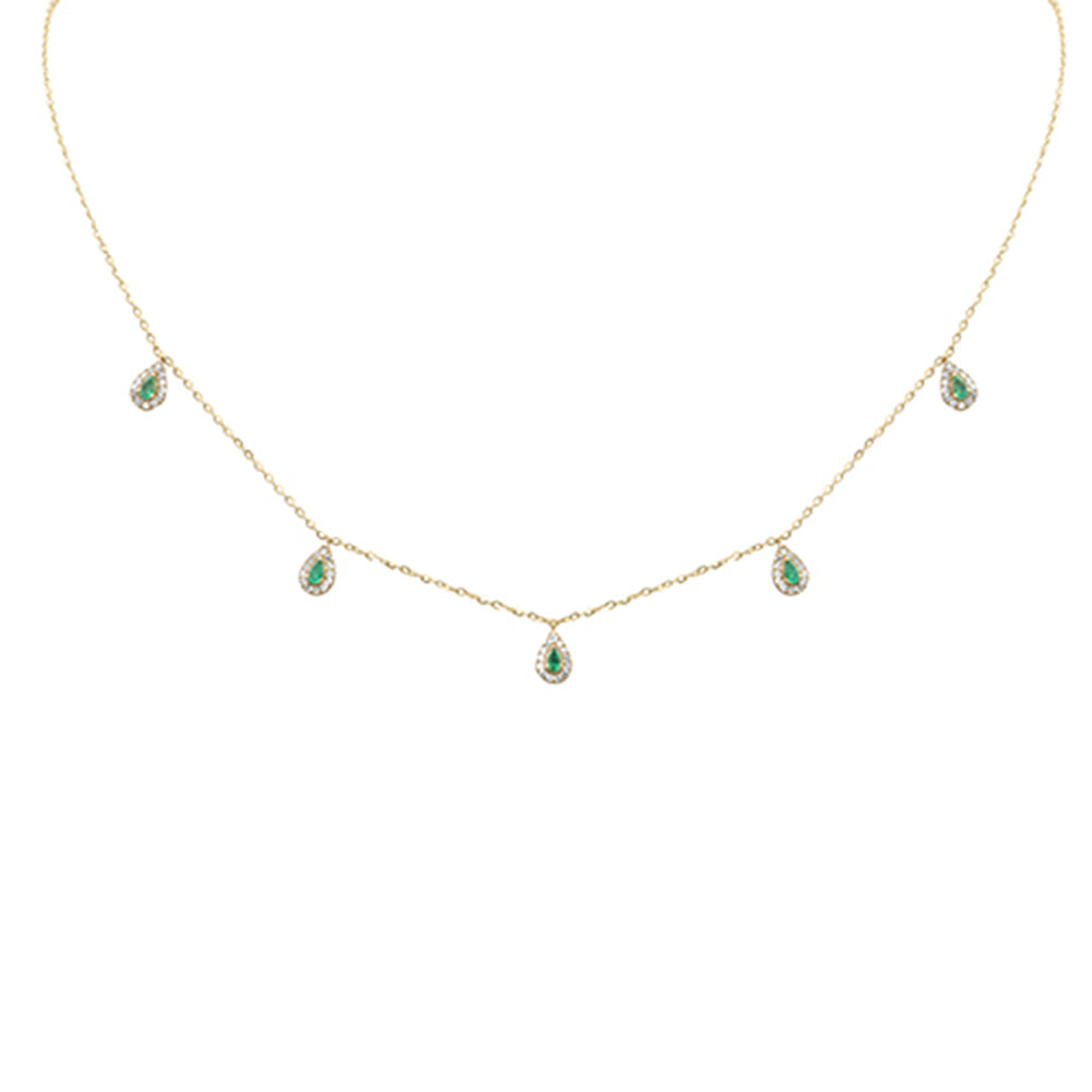 Muse Jewelry .23ct G SI 14K Yellow Gold Diamond & Pear Shape Emerald Gemstones Pendant Necklace 16+2" Long