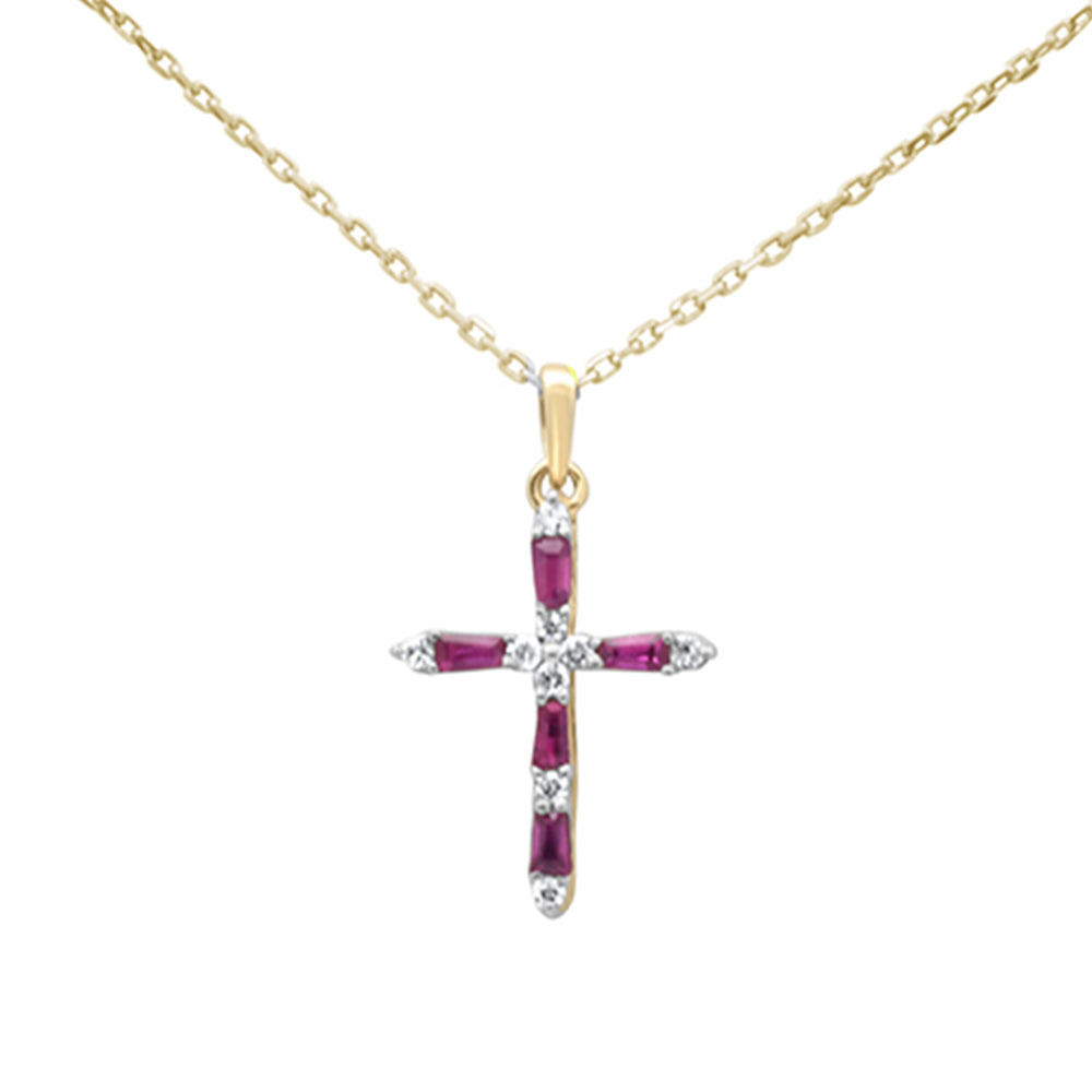 Muse Jewelry .33ct G SI 14K Yellow Gold Diamond & Ruby Gemstone Pendant Cross Necklace 18" Long