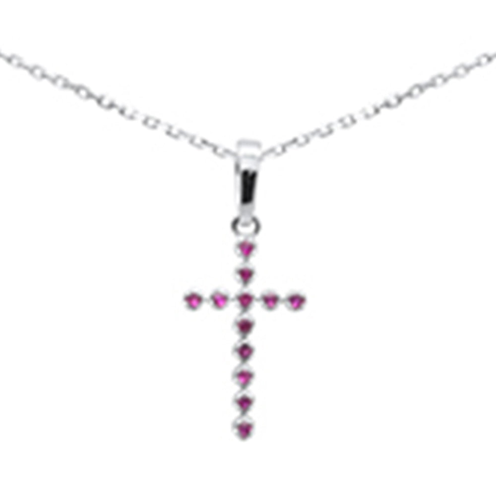 Muse Jewelry .10ct G SI 14K White Gold Ruby Gemstones Cross Pendant Necklace 18' Long Chain