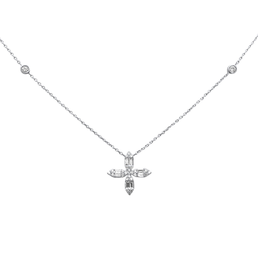 Muse Jewelry .30ct G SI 14K White Gold Round & Baguette Diamond Cross Flower Pendant Necklace 16" Long