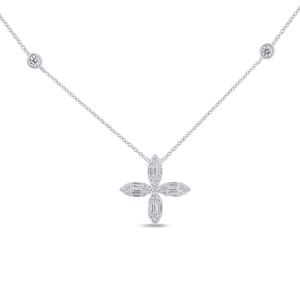 Muse Jewelry .30ct G SI 14K White Gold Round & Baguette Diamond Cross Flower Pendant Necklace 16" Long