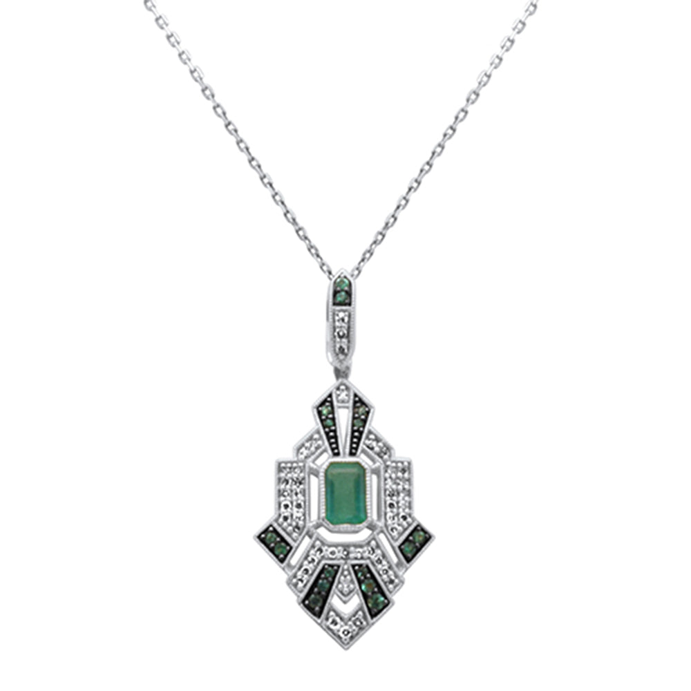 Muse Jewelry .89ct G SI 14K White Gold Diamond & Emerald Gemstones Geometric Pendant Necklace 18" Long Chain