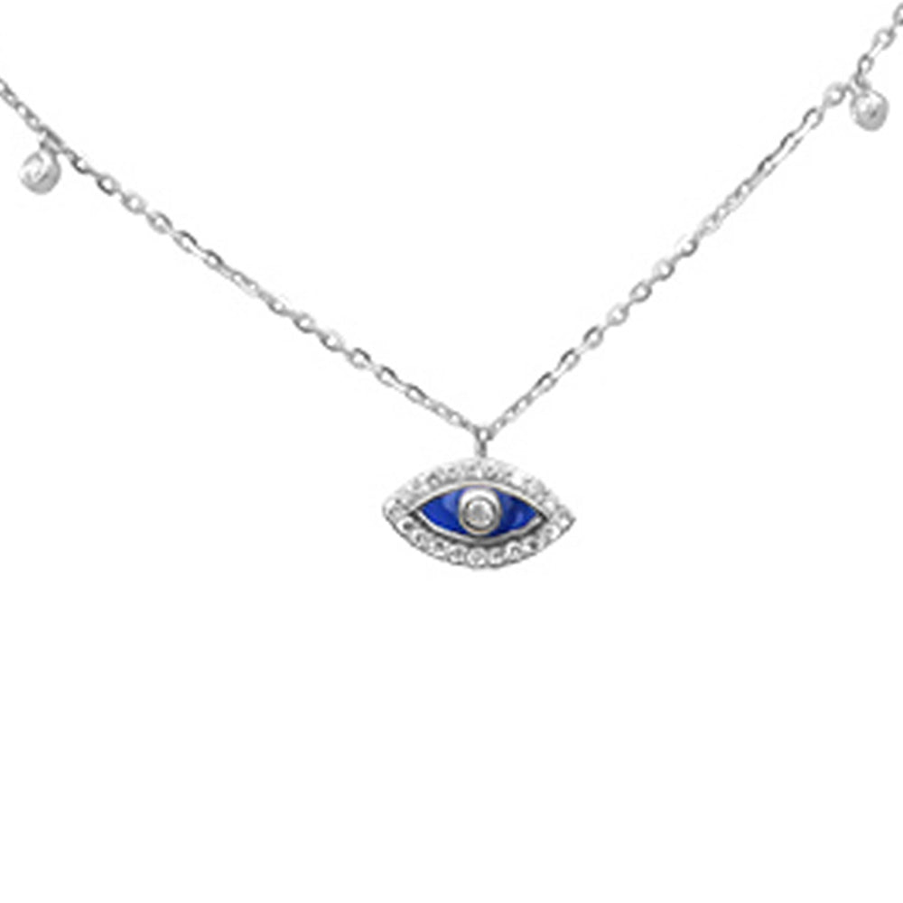 Muse Jewelry .08ct G SI 14K White Gold Diamond Blue Enamel Evil Eye Pendant Necklace 16+2" Ext