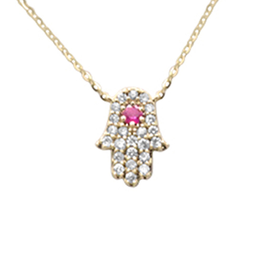 Muse Jewelry .25ct G SI 14K Yellow Gold Diamond & Ruby Gemstone Hamsa Pendant Necklace 16+2" Ext