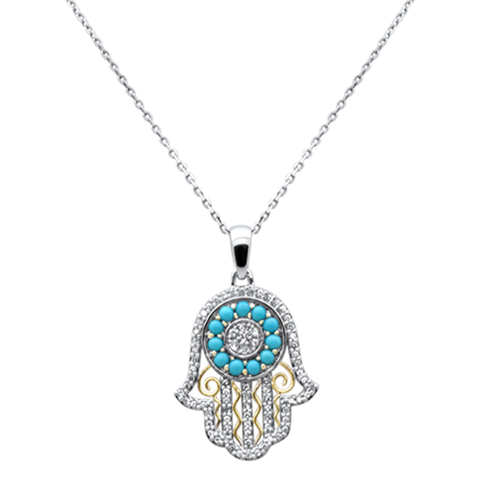 Muse Jewelry .70ct G SI 14K Two Tone Gold Diamond & Turquoise Hamsa Pendant Necklace 18" Long Chain