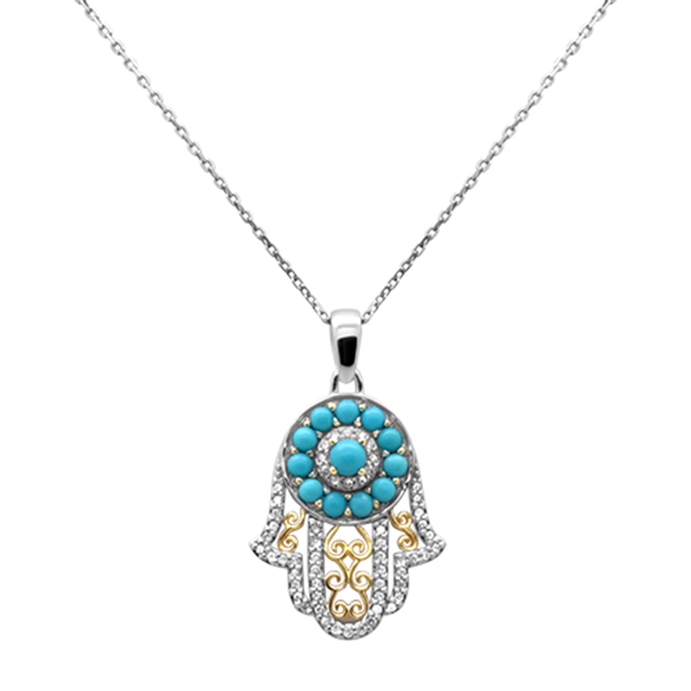 Muse Jewelry .99ct G SI 14K Two Tone Gold Diamond & Turquoise Hamsa Pendant Necklace 18" Long Chain