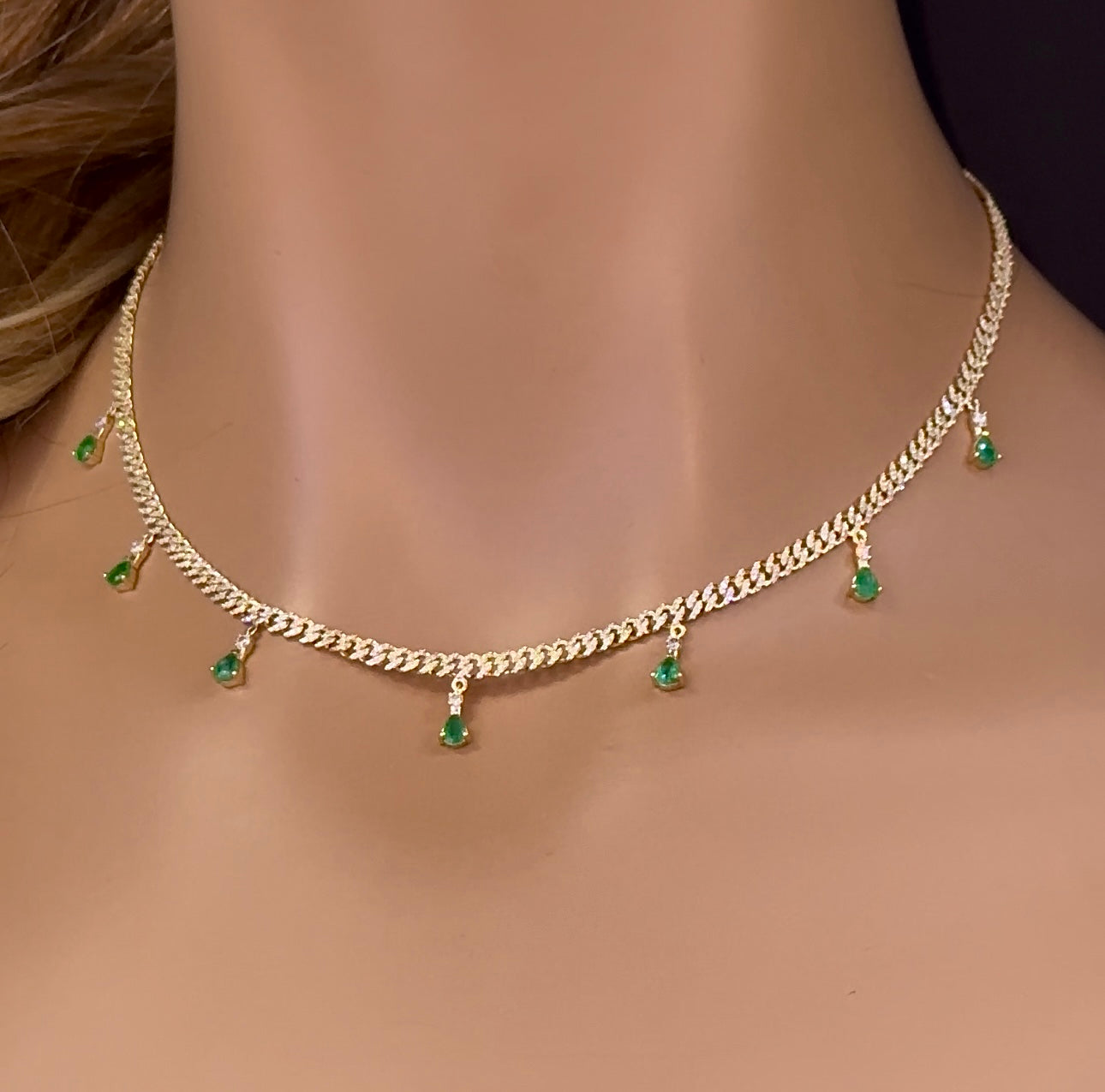 Muse Jewelry 2.22ct G SI 14K Yellow Gold Diamond & Emerald 3MM Cuban Link Necklace 12" + 4" EXT