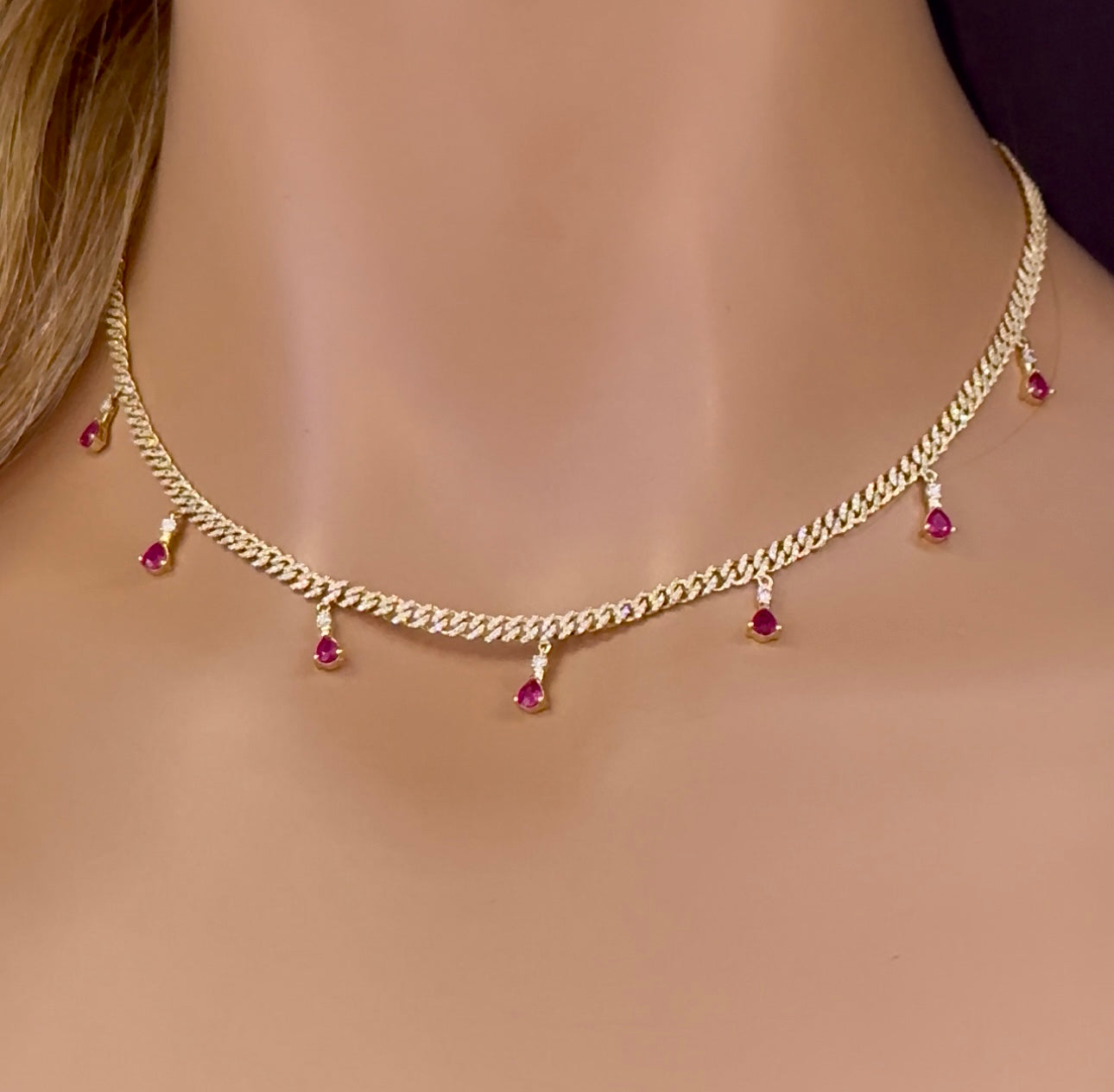 Muse Jewelry 2.52ct G SI 14K Yellow Gold Diamond & Ruby Cuban Link Necklace 14" + 2" EXT