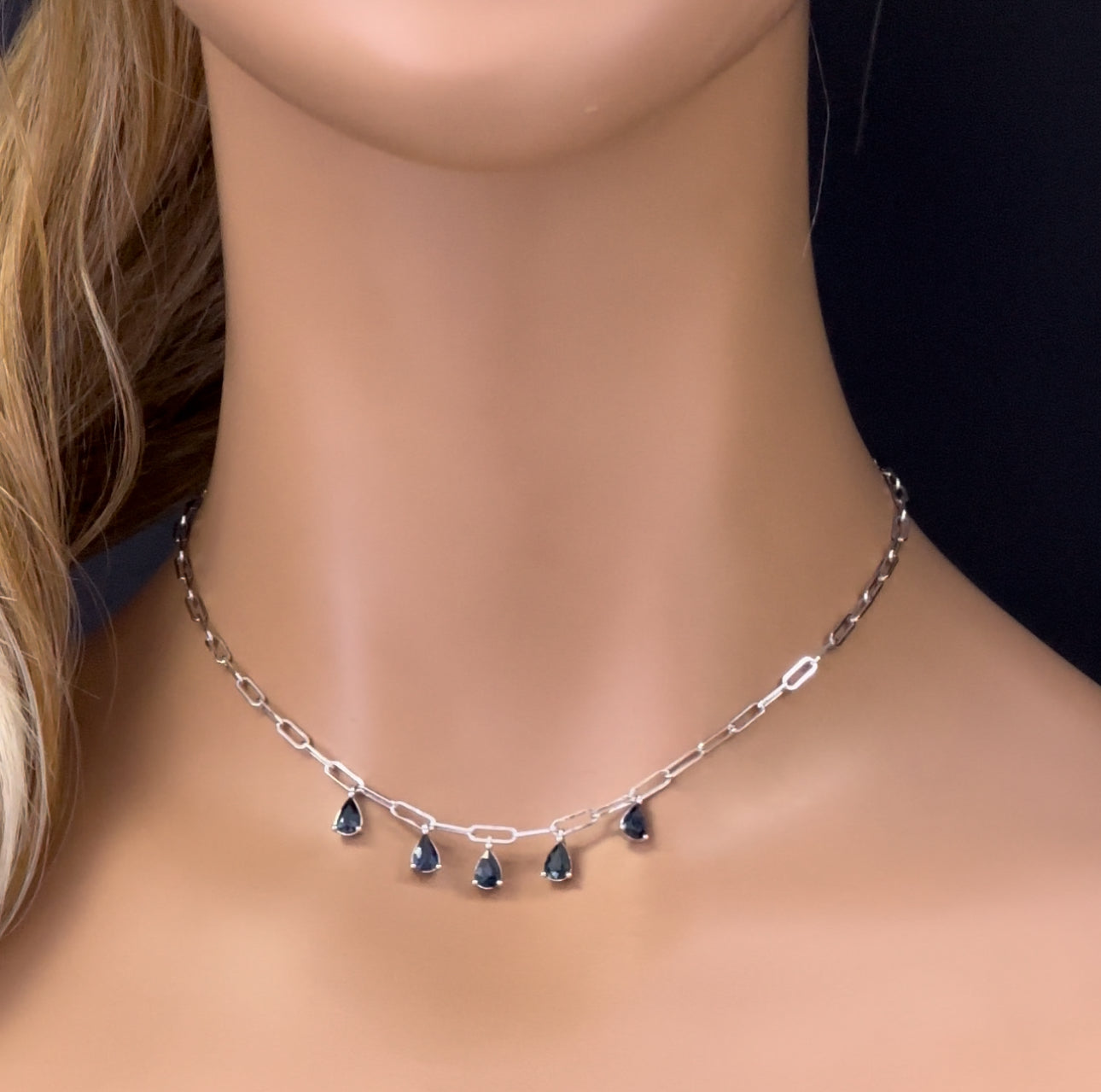 Muse Jewelry 2.60ct G SI 14K White Gold Pear Drop Blue Sapphire Gemstone Paperclip Necklace 14+2" Long
