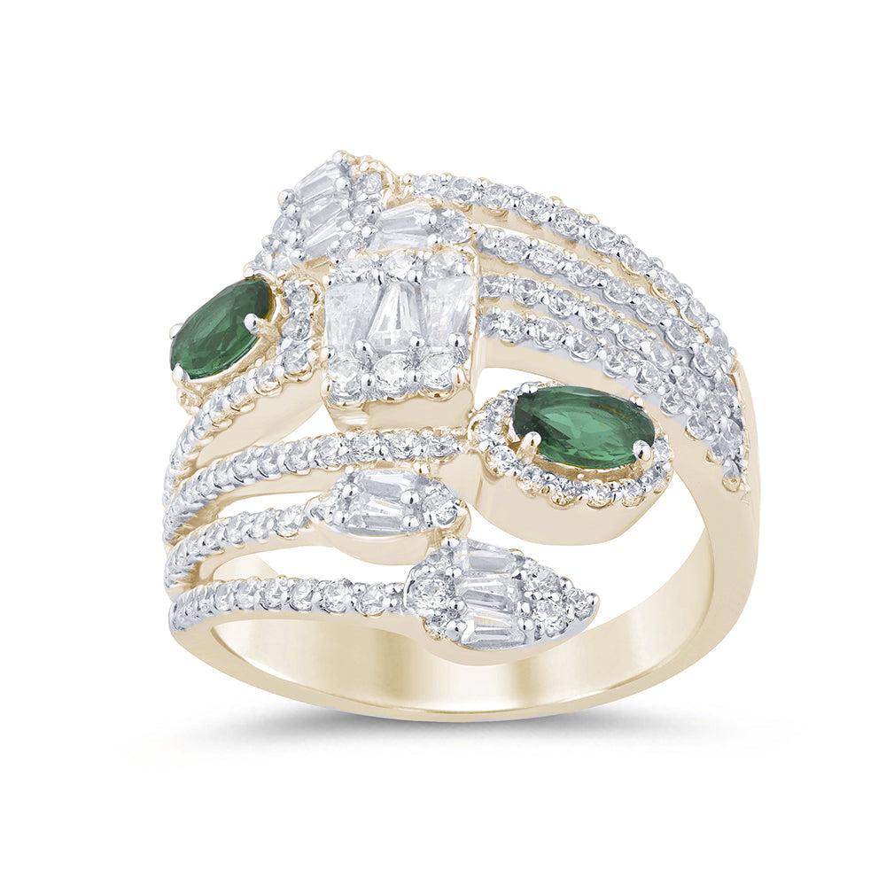 Muse Jewelry 1.65ct G SI 14K Yellow Gold Diamond & Emerald Gemstones Wrap Around Band Ring Size 6.5