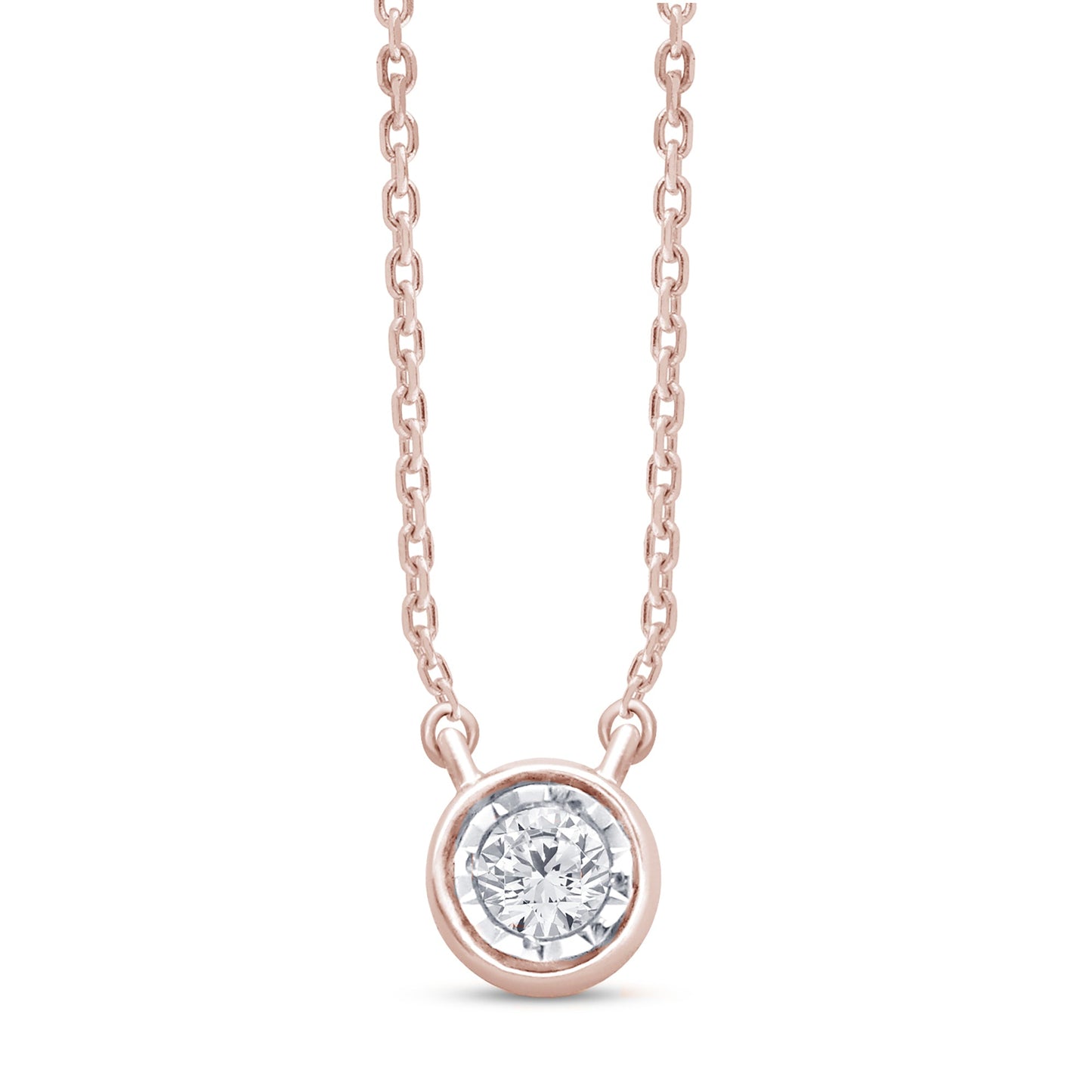 Muse Jewelry .06ct 14kt Rose Gold Bezel Solitaire Round Diamond Pendant 18" Necklace