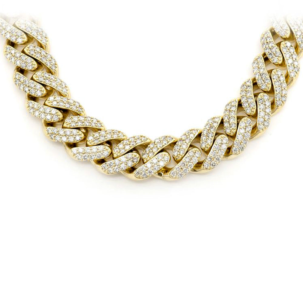 Muse Jewelry 9MM 9.21ct 10KT Yellow Gold Diamond Micro Pave Miami Round Cuban Link Necklace 22" Long