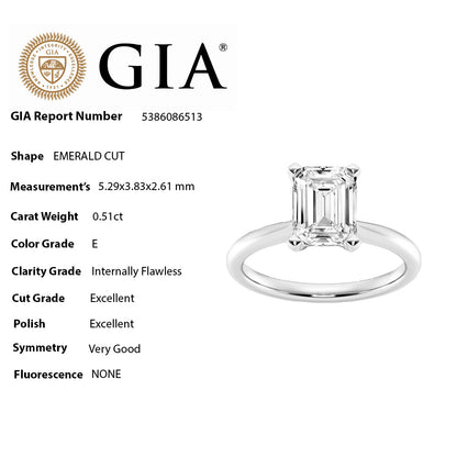 Muse Jewelry .51ct E IF 14K White Gold GIA Certified Emerald Cut Diamond Solitaire Ladies Ring