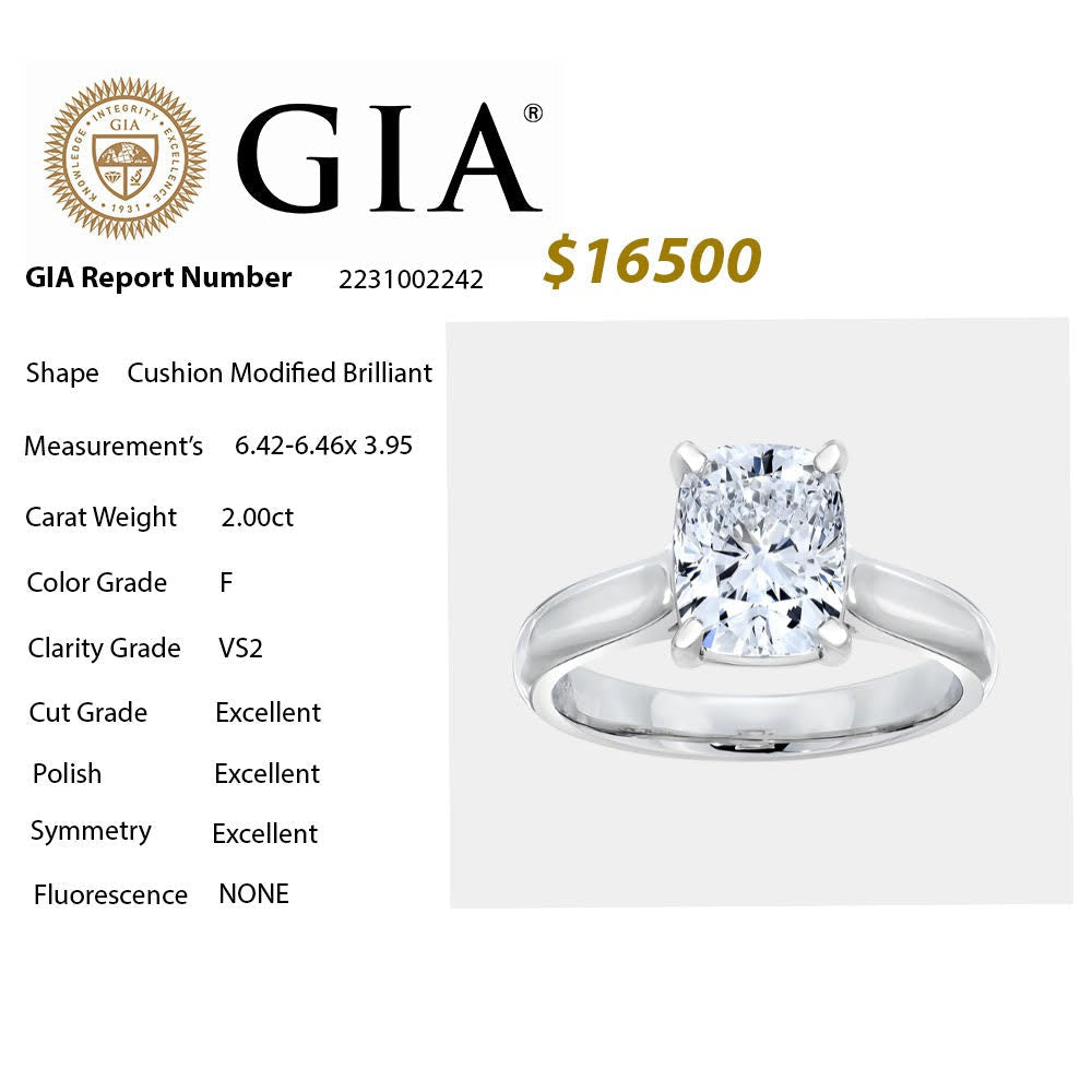 Muse Jewelry 2.00CT F VS2 GIA CERTIFIED Cushion Modified Brilliant Radiant Cut Natural Diamond