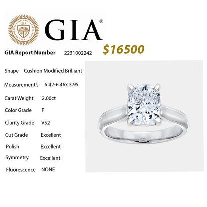 Muse Jewelry 2.00CT F VS2 GIA CERTIFIED Cushion Modified Brilliant Radiant Cut Natural Diamond