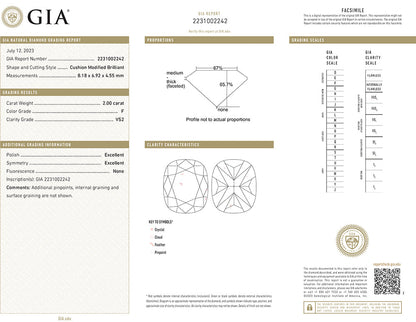 Muse Jewelry 2.00CT F VS2 GIA CERTIFIED Cushion Modified Brilliant Radiant Cut Natural Diamond