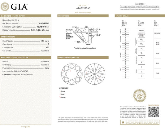 Muse Jewelry 1.53CT G VS2 GIA CERTIFIED Round Brilliant Cut Natural Diamond