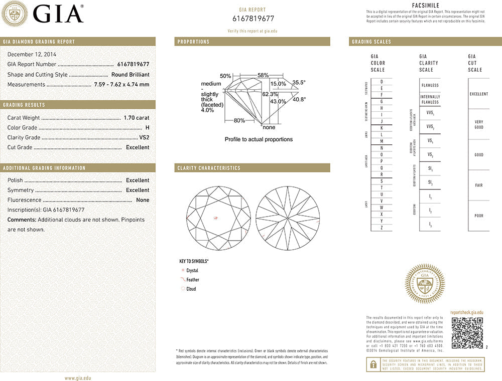 Muse Jewelry 1.70CT H VS2 GIA CERTIFIED Round Brilliant Cut Natural Diamond