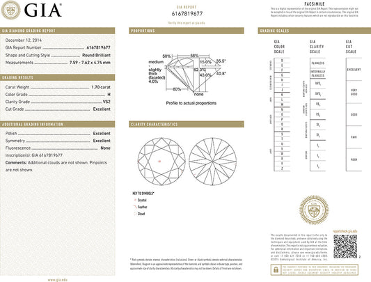 Muse Jewelry 1.70CT H VS2 GIA CERTIFIED Round Brilliant Cut Natural Diamond