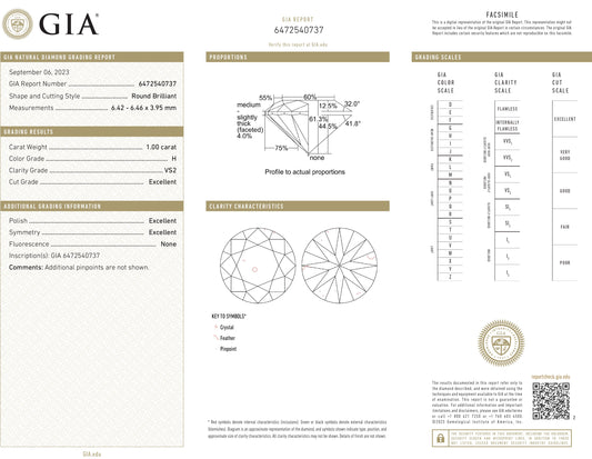 Muse Jewelry 1.00CT H VS2 GIA CERTIFIED Round Brilliant Cut Natural Diamond